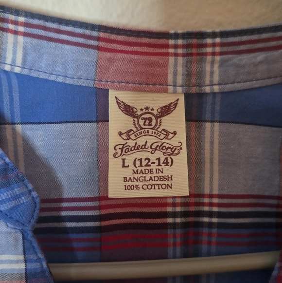 Faded Glory Plaid Sleeveless Button Front Casual Summer Top Red Blue Cotton L - Picture 2 of 4